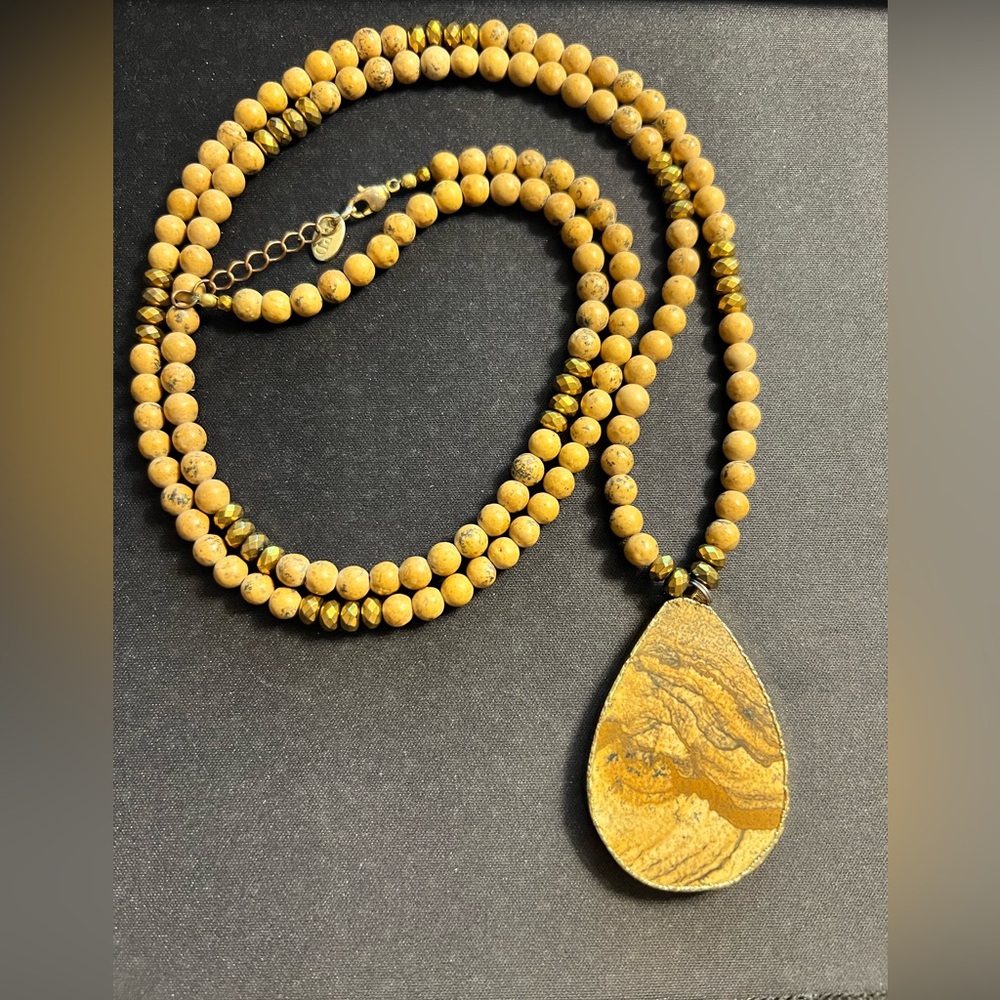 Artisan Gold Stone Beaded Necklace with Teardrop Pendant